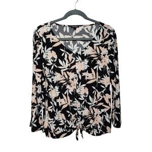 Roz & Ali Plus Sz 3X Black Pink Floral Stretch Knit Top Tie Front V Neck Blouse